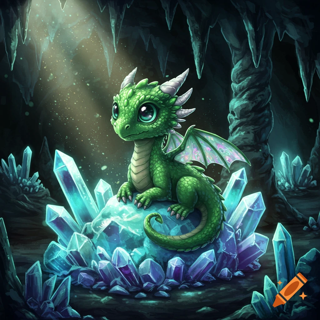 A cute green baby dragon with big eyes sits on glowing blue and purple crystals in a dark, magical cave, fantasy art.
