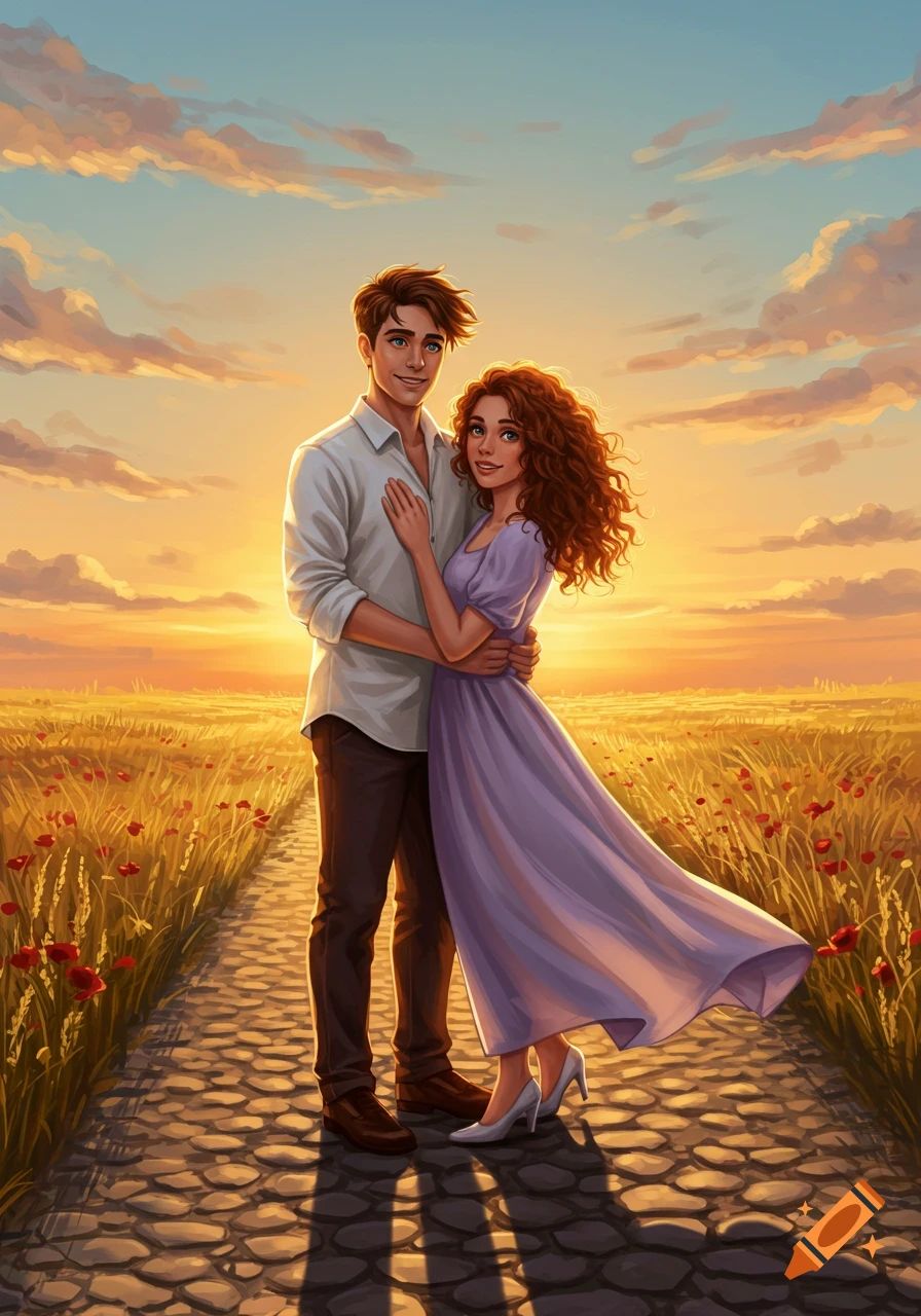 An illustrated couple embraces on a stone path in a poppy field at sunset.