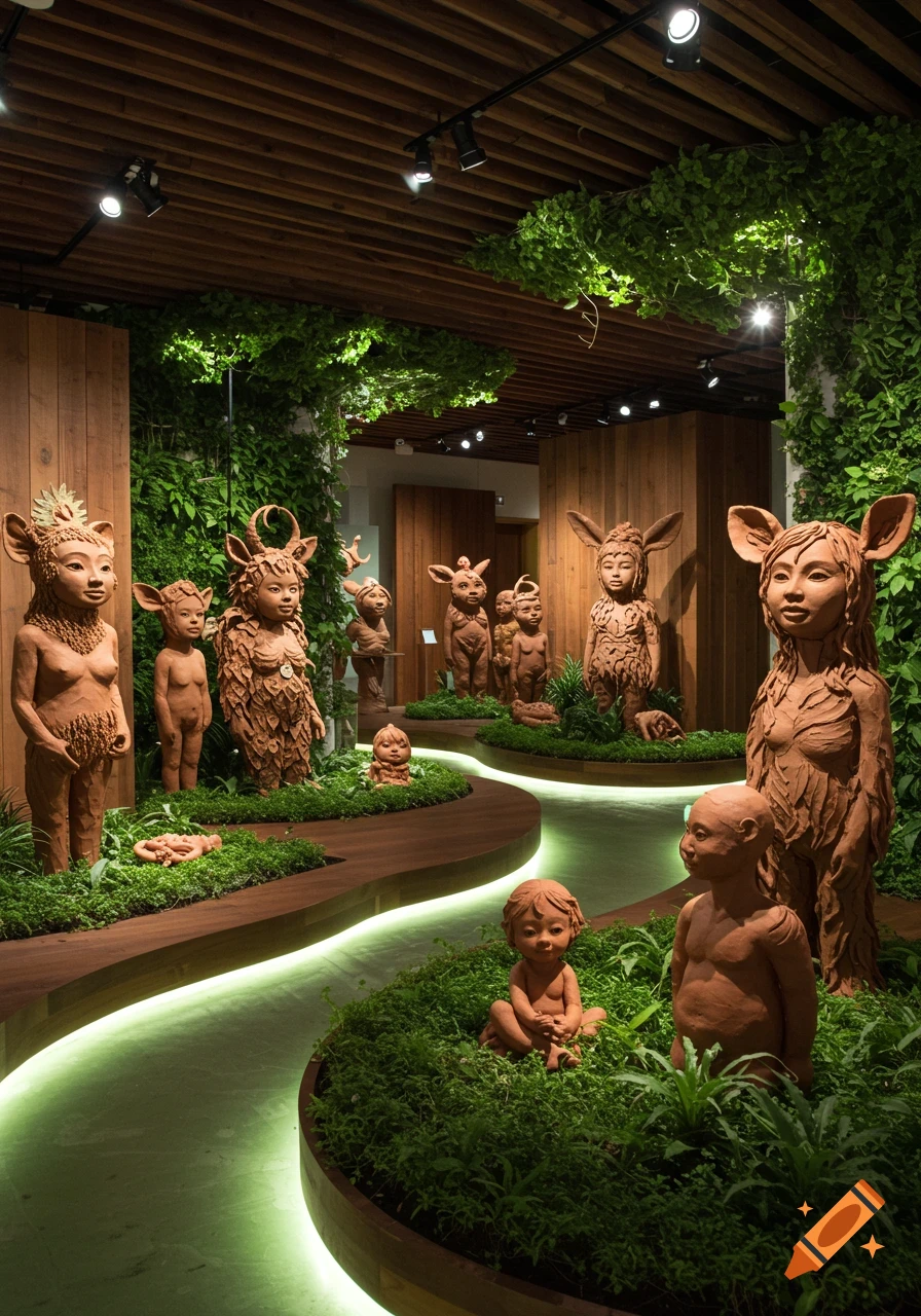 Terracotta sculptures of human-animal hybrid figures displayed in a contemporary art exhibition space with green plants and warm lighting.