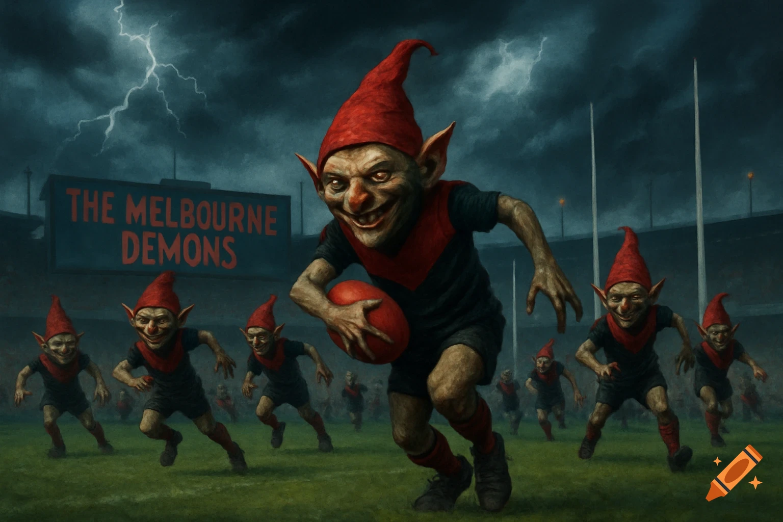 Grotesque elves play AFL on a stormy field with a 'The Melbourne Demons' sign. Dark fantasy style.