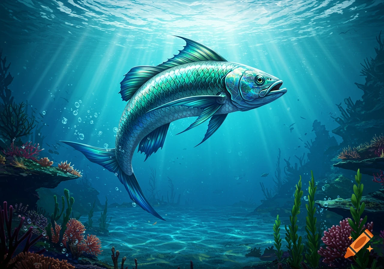 A vibrant, iridescent fish with shimmering scales swims in clear blue ocean water above a colorful coral reef with sun rays.
