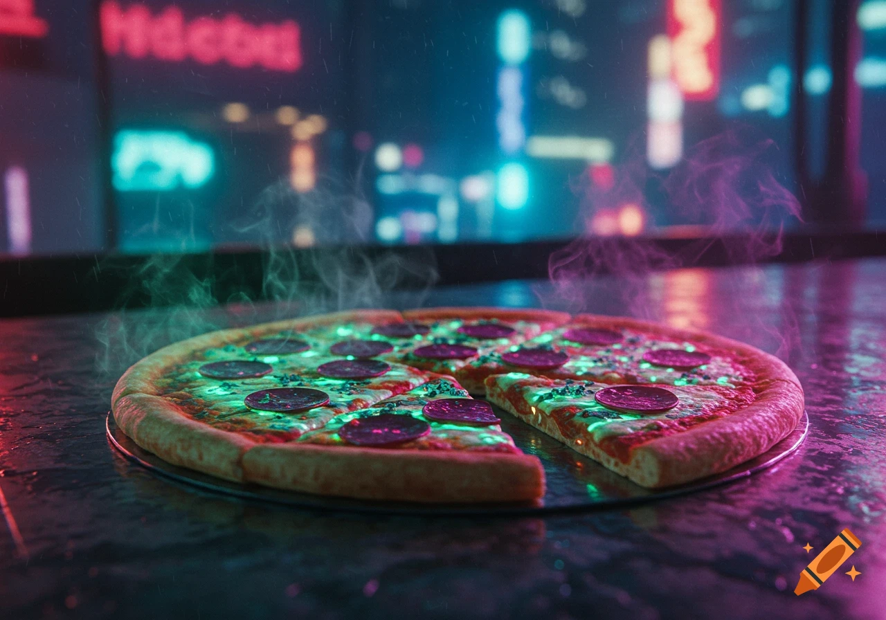 A glowing cyberpunk pizza with a slice removed, steaming on a wet surface against a blurry neon city background.