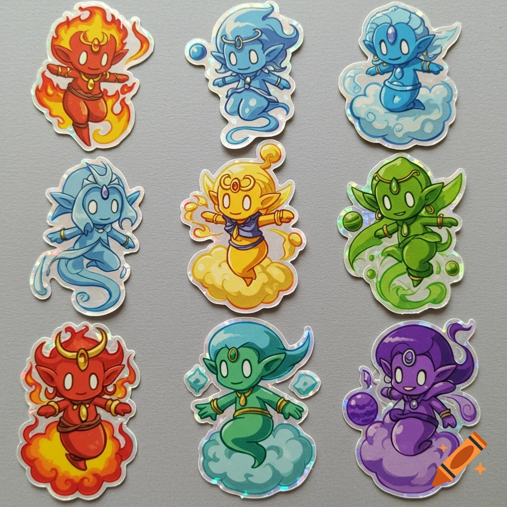 Nine chibi elemental djinn character stickers with holographic edges on a gray background, inspired by Golden Sun.