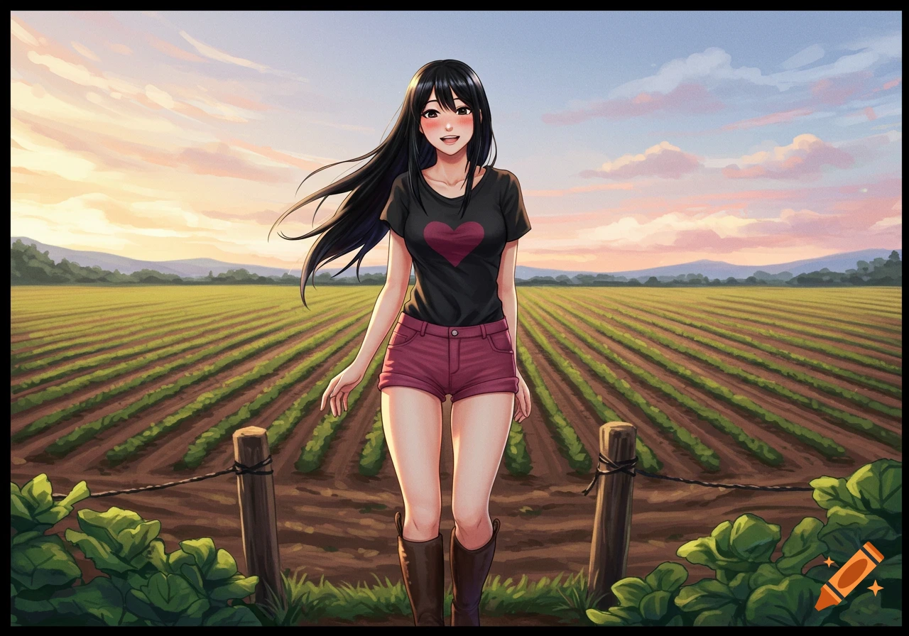 An anime woman with long black hair, a black heart shirt, and shorts smiles in a farm field at sunset.