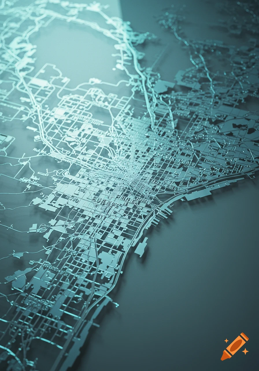 A stylized, elevated view of a city map rendered in translucent teal glass on a dark background.