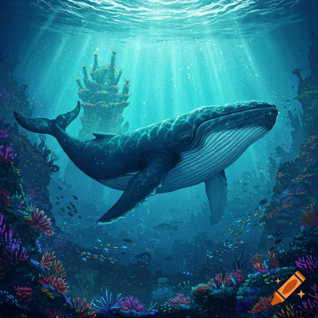 A fantasy illustration of a large whale swimming past a mystical underwater castle amidst colorful coral and schools of fish.