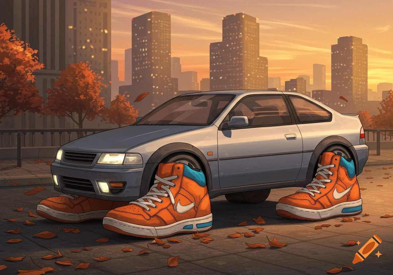 Cartoon illustration of a gray car with orange high-top shoes for wheels, parked on an autumn city street at sunset.