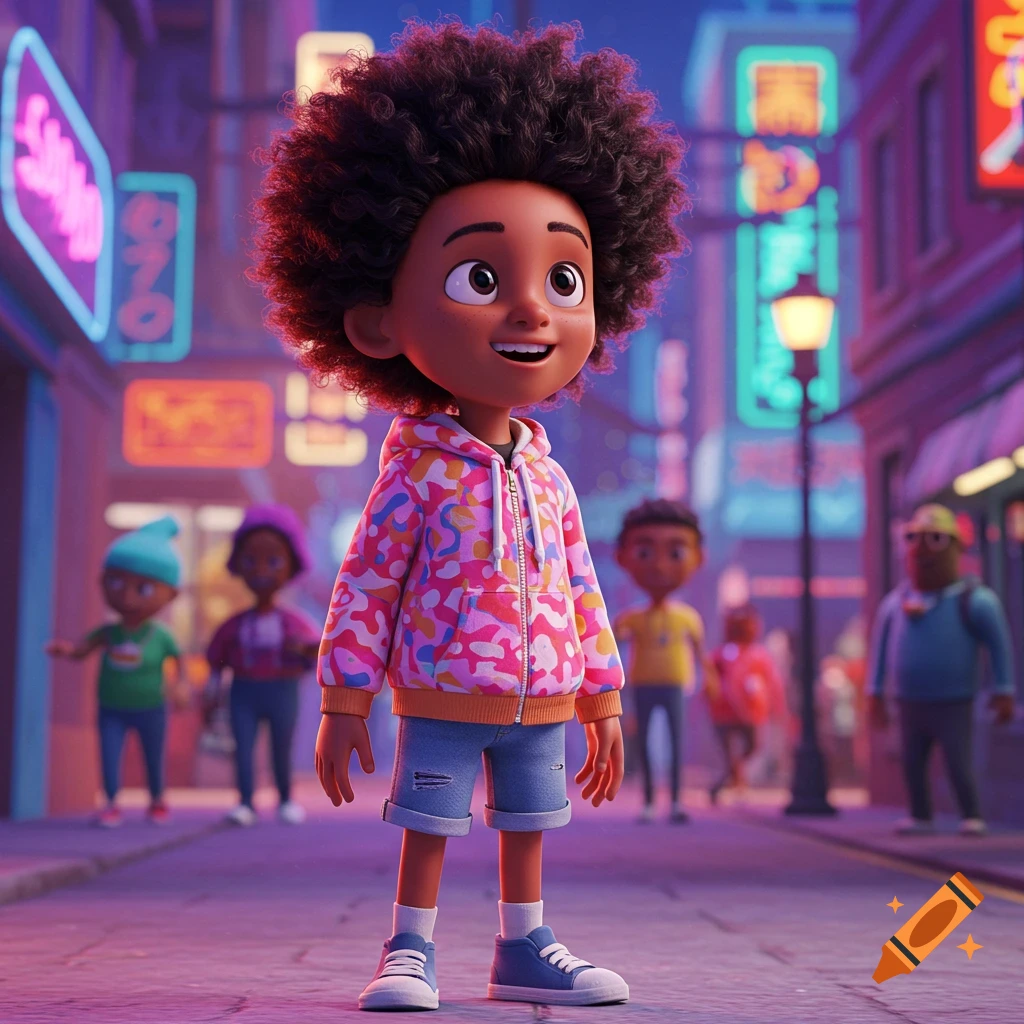 A smiling cartoon boy with curly hair in a hoodie and shorts stands on a vibrant neon-lit city street at night.