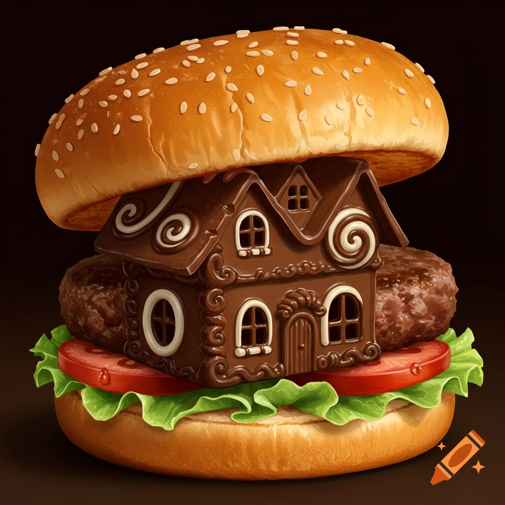 A photorealistic hamburger with a detailed chocolate house as its patty, nestled between lettuce, tomato, and sesame seed bun on a dark background.