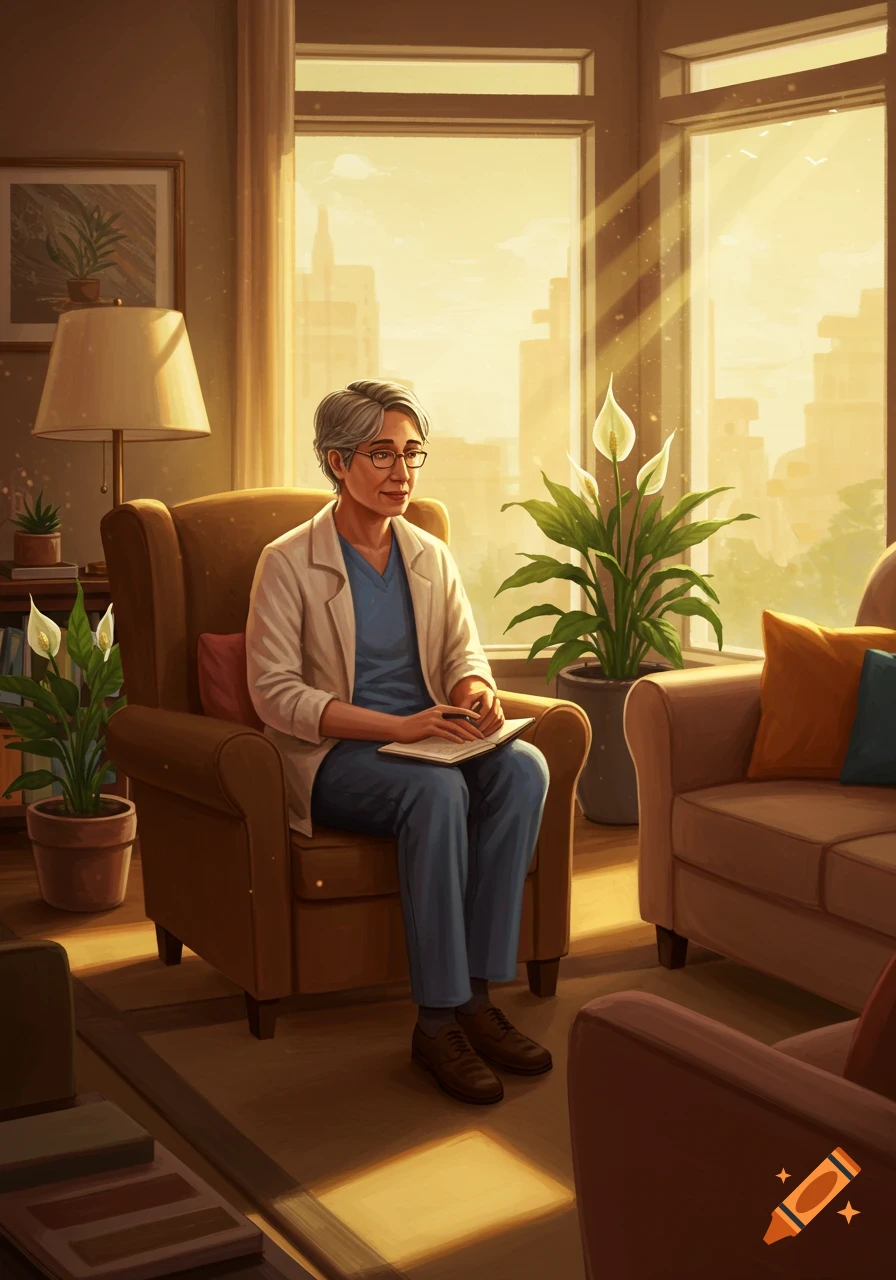 A therapist sits in a sunlit armchair, holding a notebook, in a room with large windows and plants. Digital illustration.