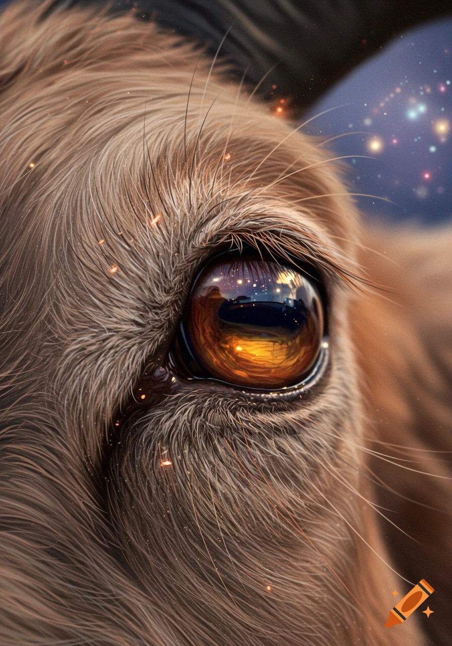 Extreme close-up of a goat's eye with intricate brown fur, reflecting a starry night sky in its deep orange iris. Photorealistic.