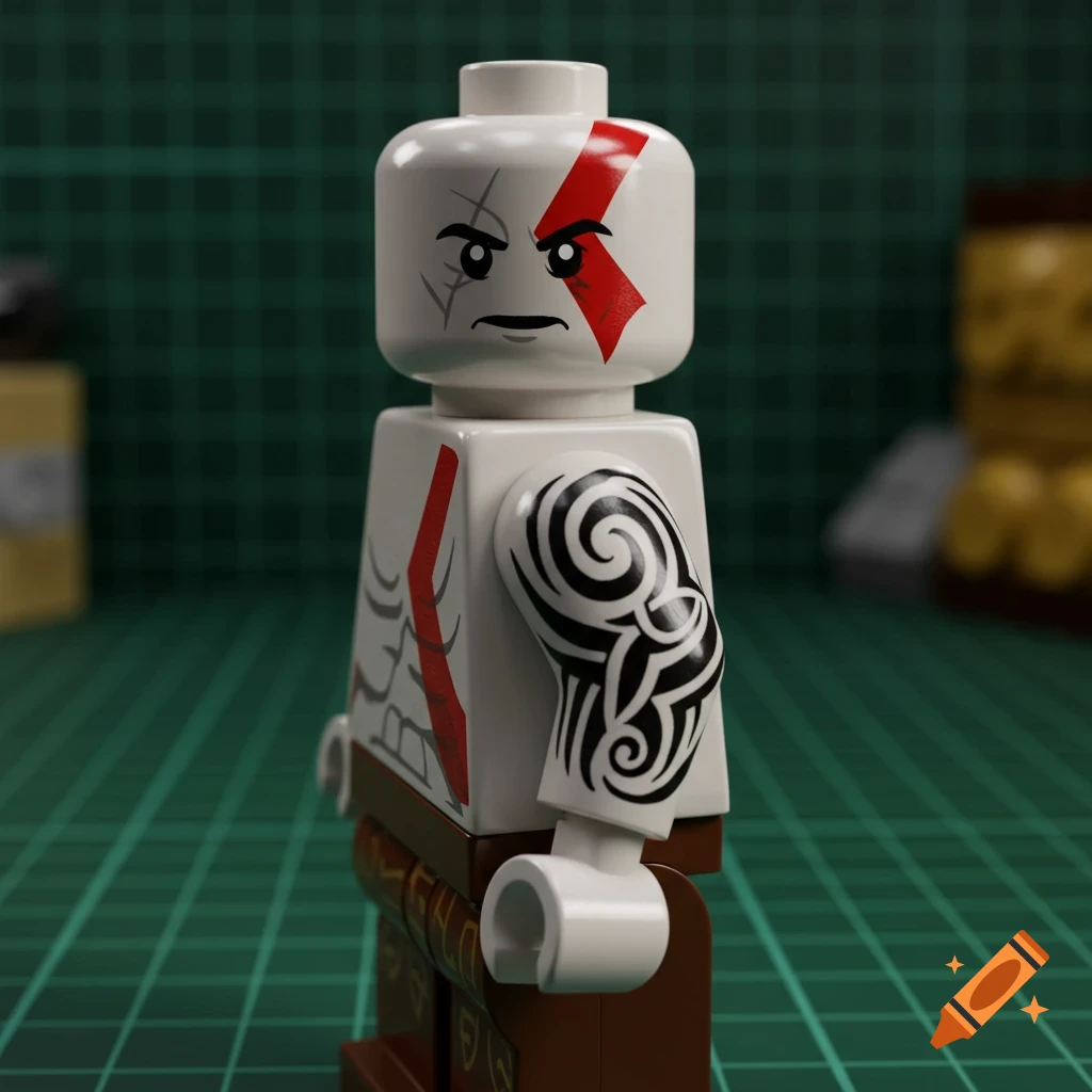 A close-up of a Kratos Lego minifigure, featuring his white skin, red markings, and black tribal arm tattoo, standing on a green grid mat.