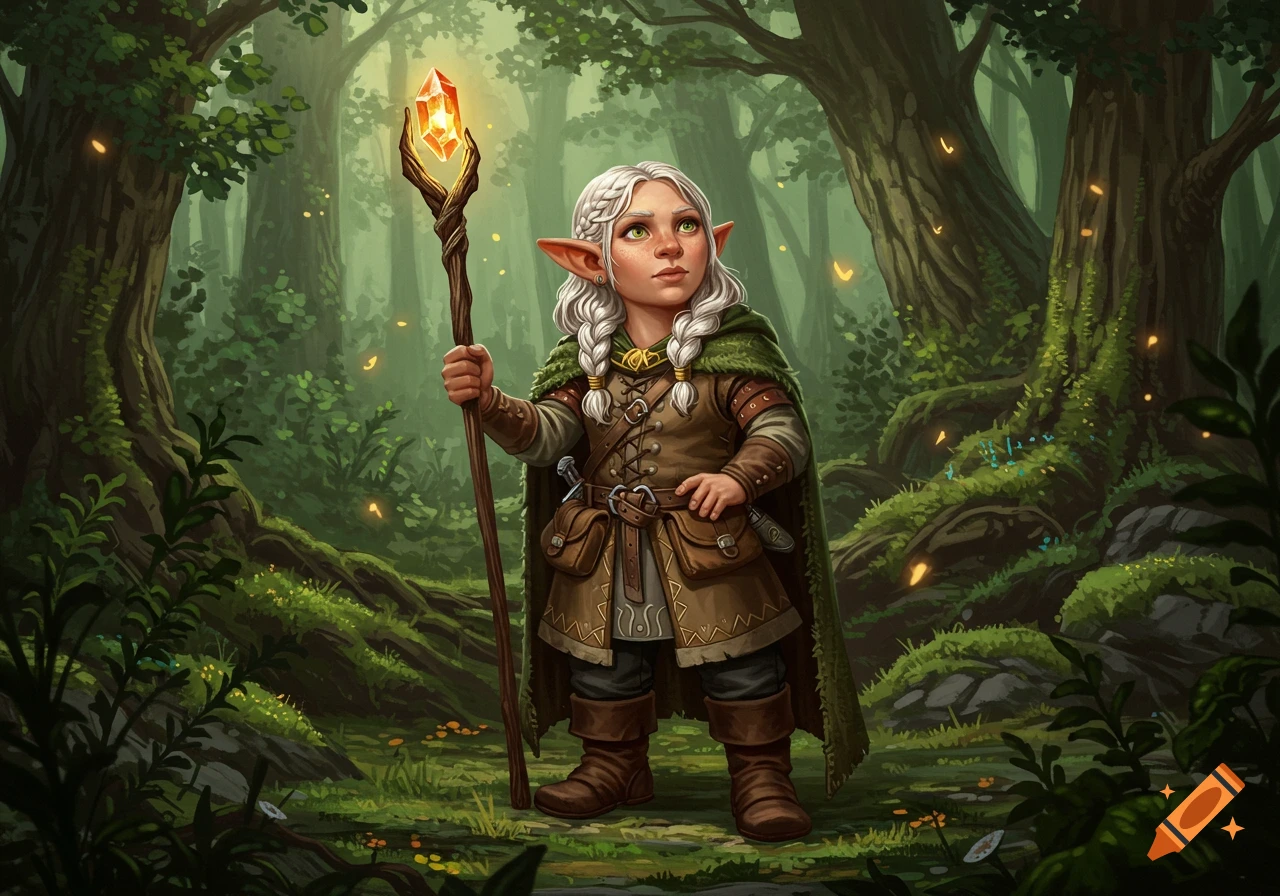 A female gnome cleric with white braids stands in a magical forest, holding a glowing crystal staff.