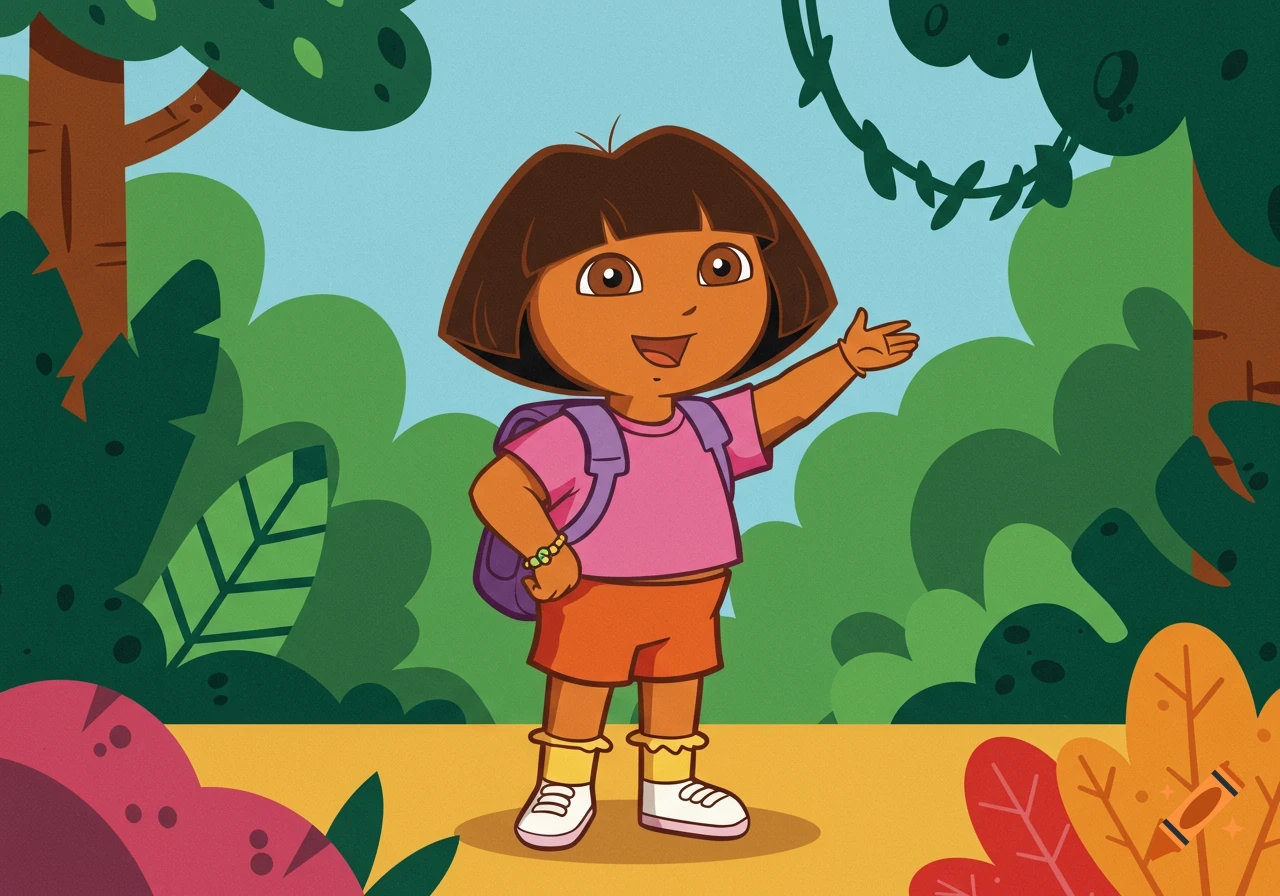 Dora the Explorer stands smiling and waving in a vibrant cartoon jungle illustration.