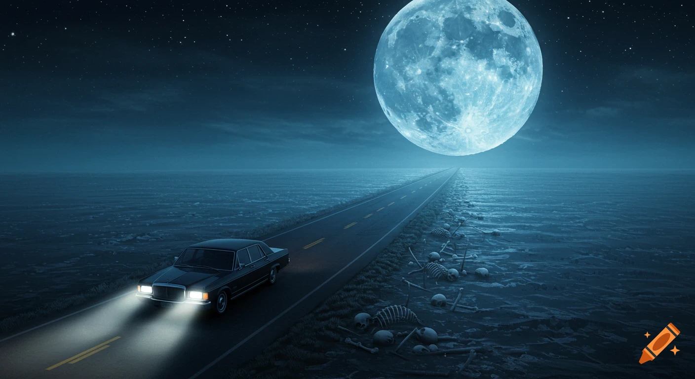 A black car drives on a road through water under a huge blue moon at night, with scattered skeletons on the roadside.
