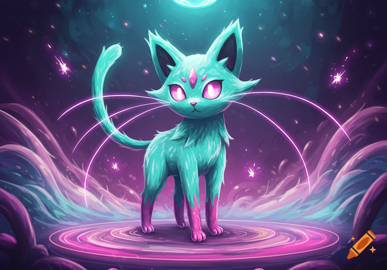A vibrant, glowing teal and pink stylized cat stands on a swirling platform in a starry, abstract cosmic landscape.