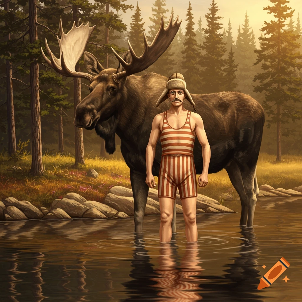 A man in a striped vintage bathing suit and a fur hat stands in shallow water with a large moose behind him in a forest setting.