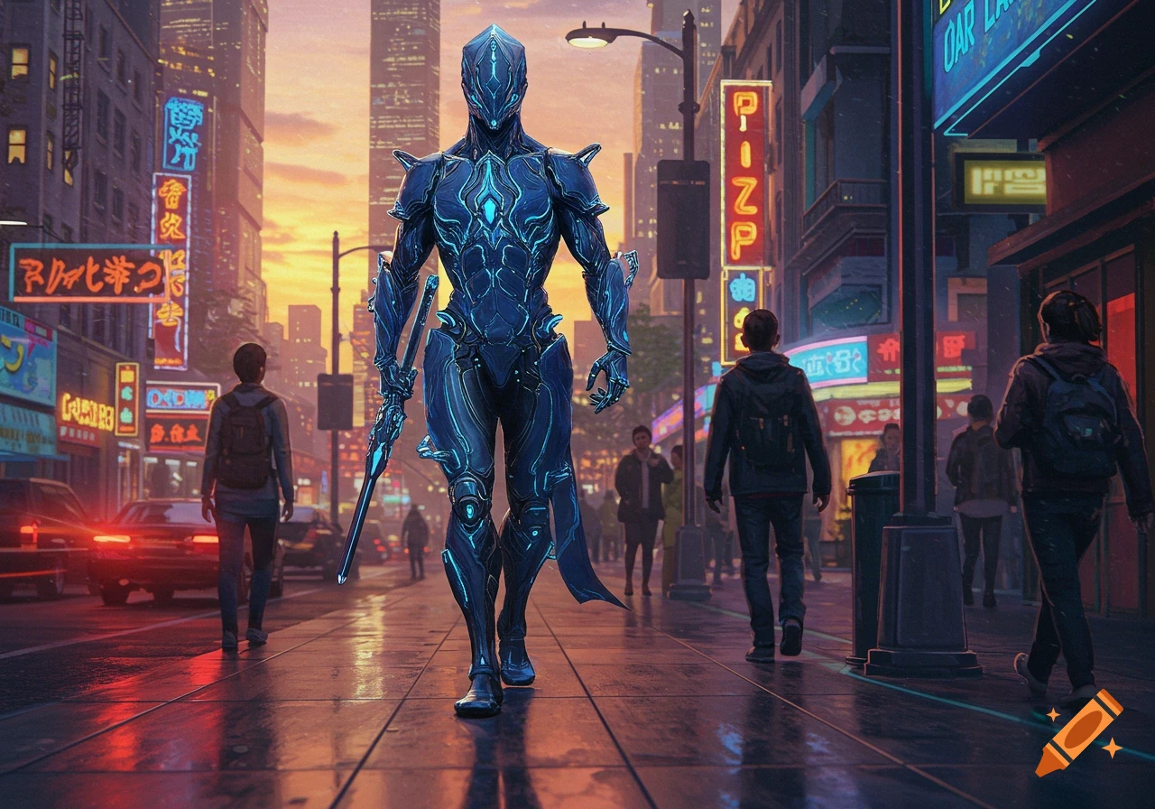 A futuristic blue armored robot-like character with a sword walks on a rainy cyberpunk city street lined with neon signs at sunset.
