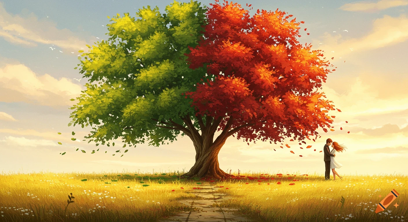 An illustrative scene of a couple embracing under a tree with green and red leaves in a golden field at sunset.