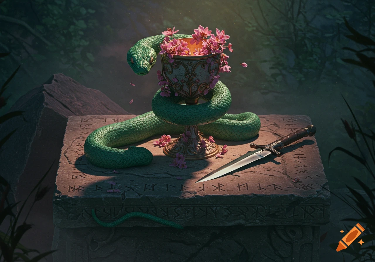 A green snake coils around a glowing, flower-filled chalice on a runic stone slab next to a dagger in a dark forest.