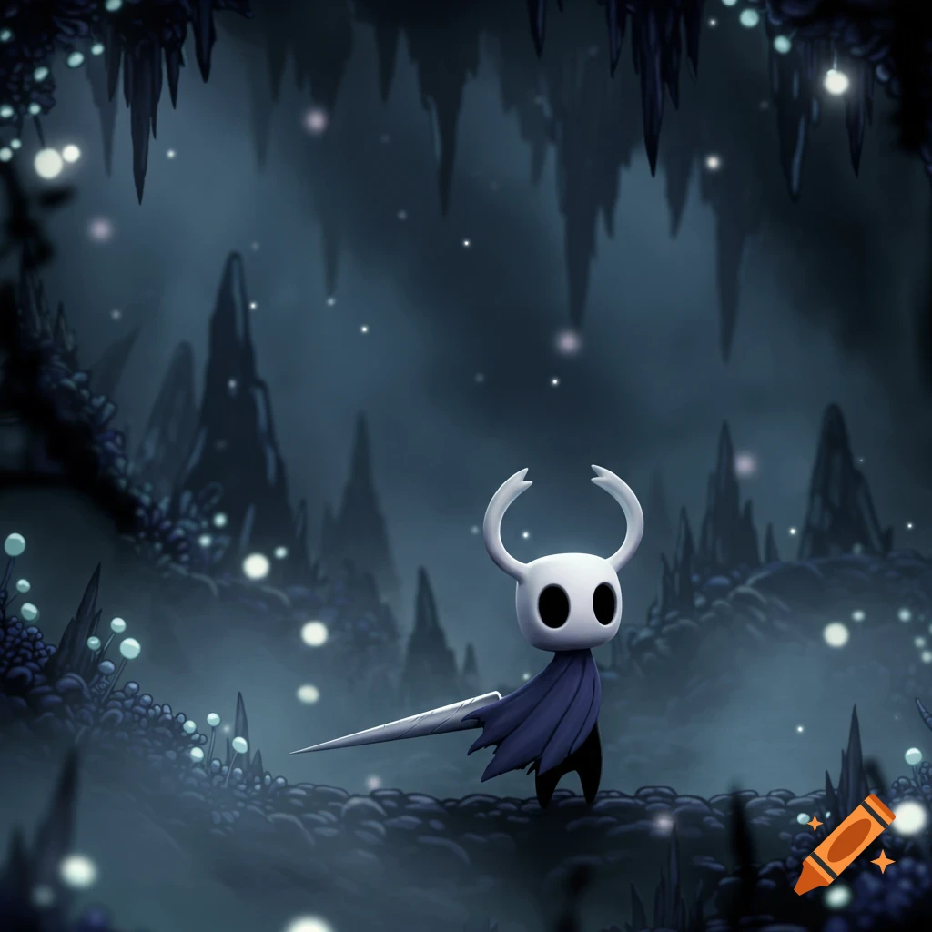 The Hollow Knight character stands in a dark, misty cave with glowing plants and spiky rock formations.