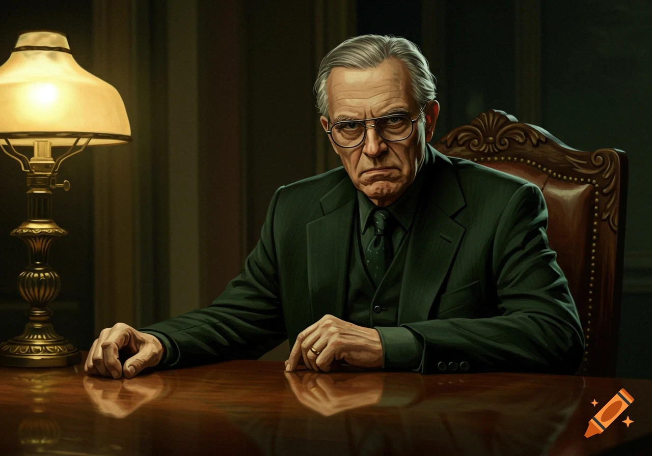 A serious older man with gray hair and glasses in a dark green suit sits at a polished wooden table with a lamp, looking intently forward.