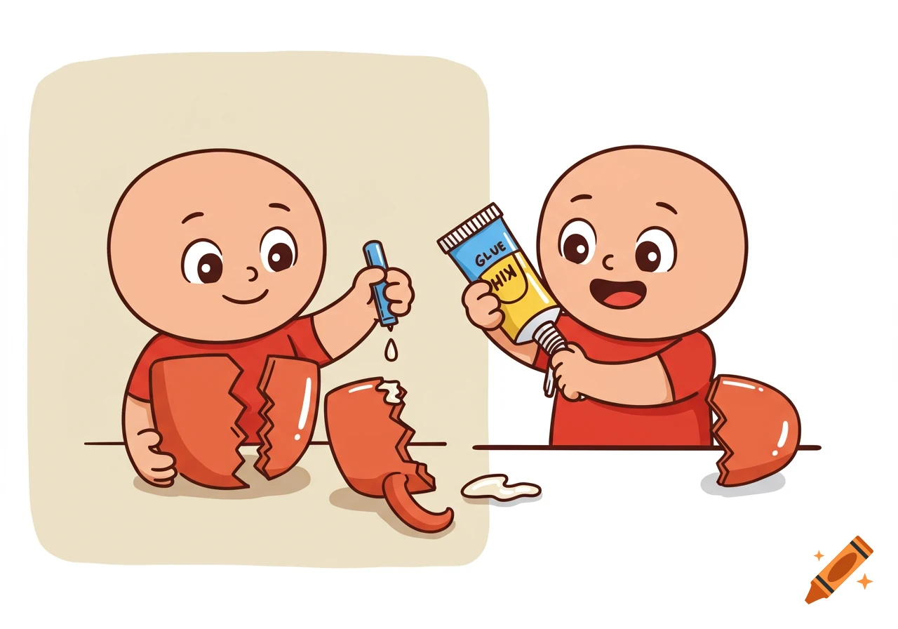 Cartoon of two bald children happily repairing a broken red cup with glue.
