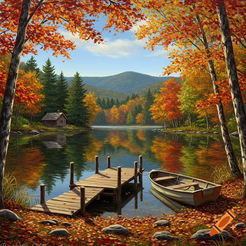 Vibrant autumn painting of a lake, with orange trees, a dock, and a rowboat, reflecting the sky and foliage.