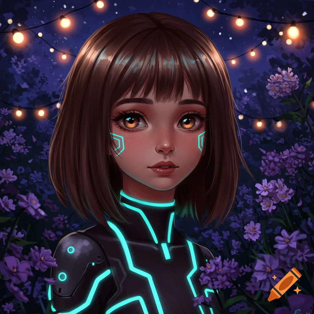 A cute anime girl with brown hair and a glowing blue tech suit stands in a moonlit garden with purple flowers and string lights.