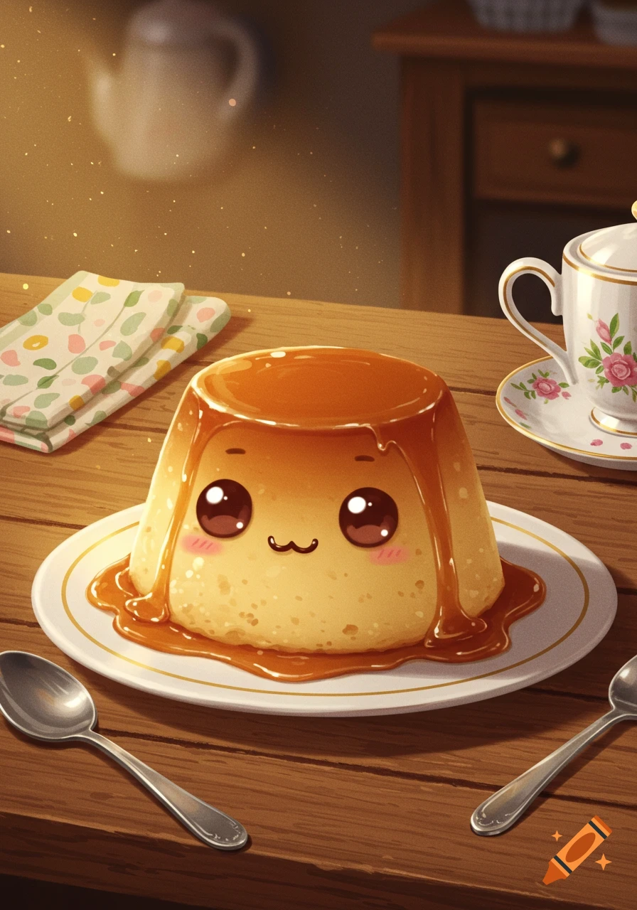 An adorable, smiling caramel pudding with big eyes on a white plate, surrounded by spoons on a wooden table with a teacup and napkin in the background.