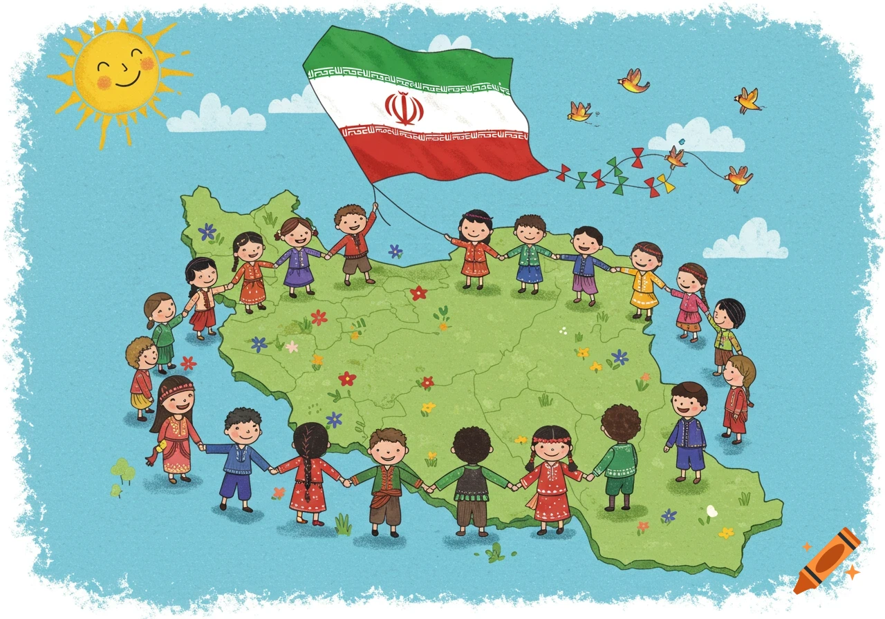 Colorful children's illustration of a map of Iran with happy kids holding hands around it, a smiling sun, and the Iranian flag as a kite.