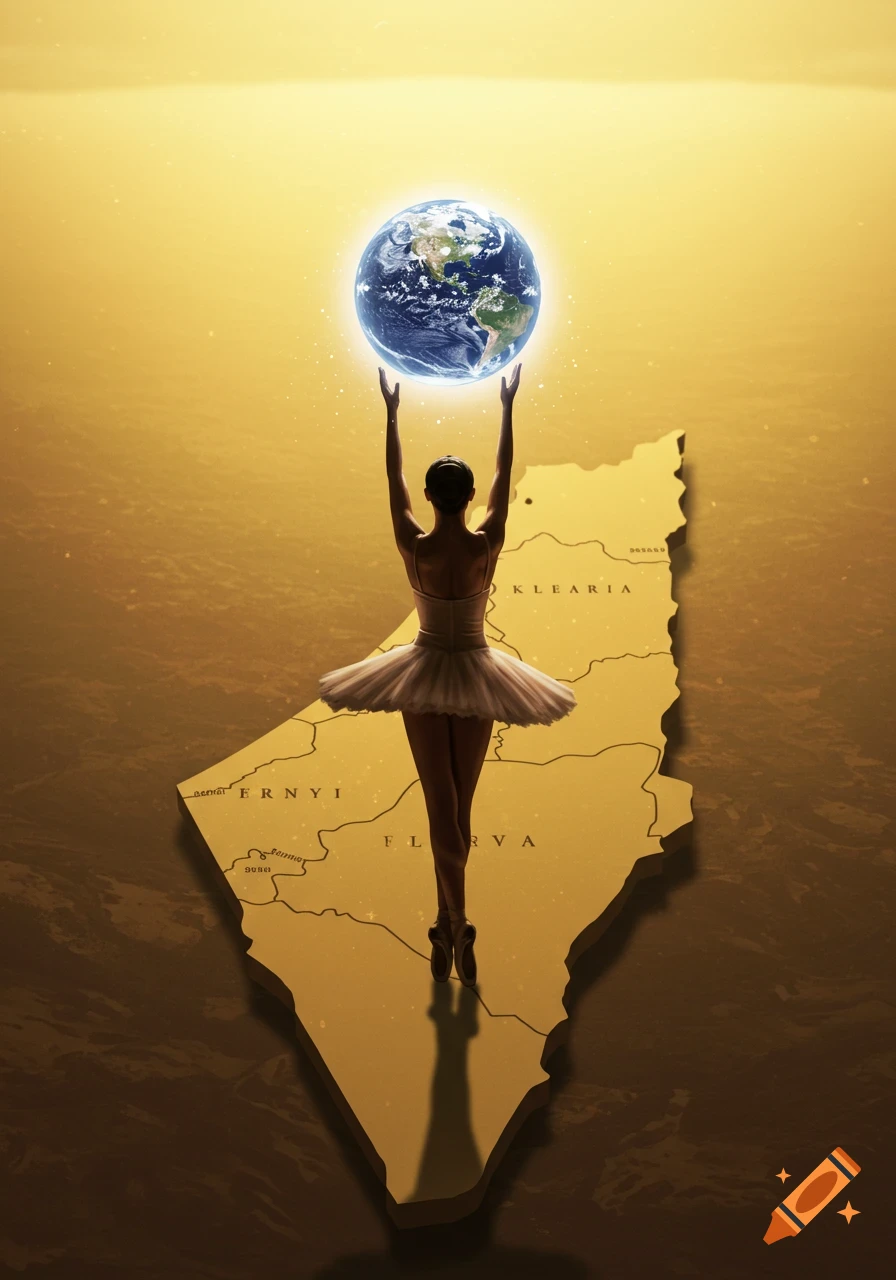 A ballerina from behind, in a white tutu, holding a glowing Earth globe above her head, standing on a golden map outline.