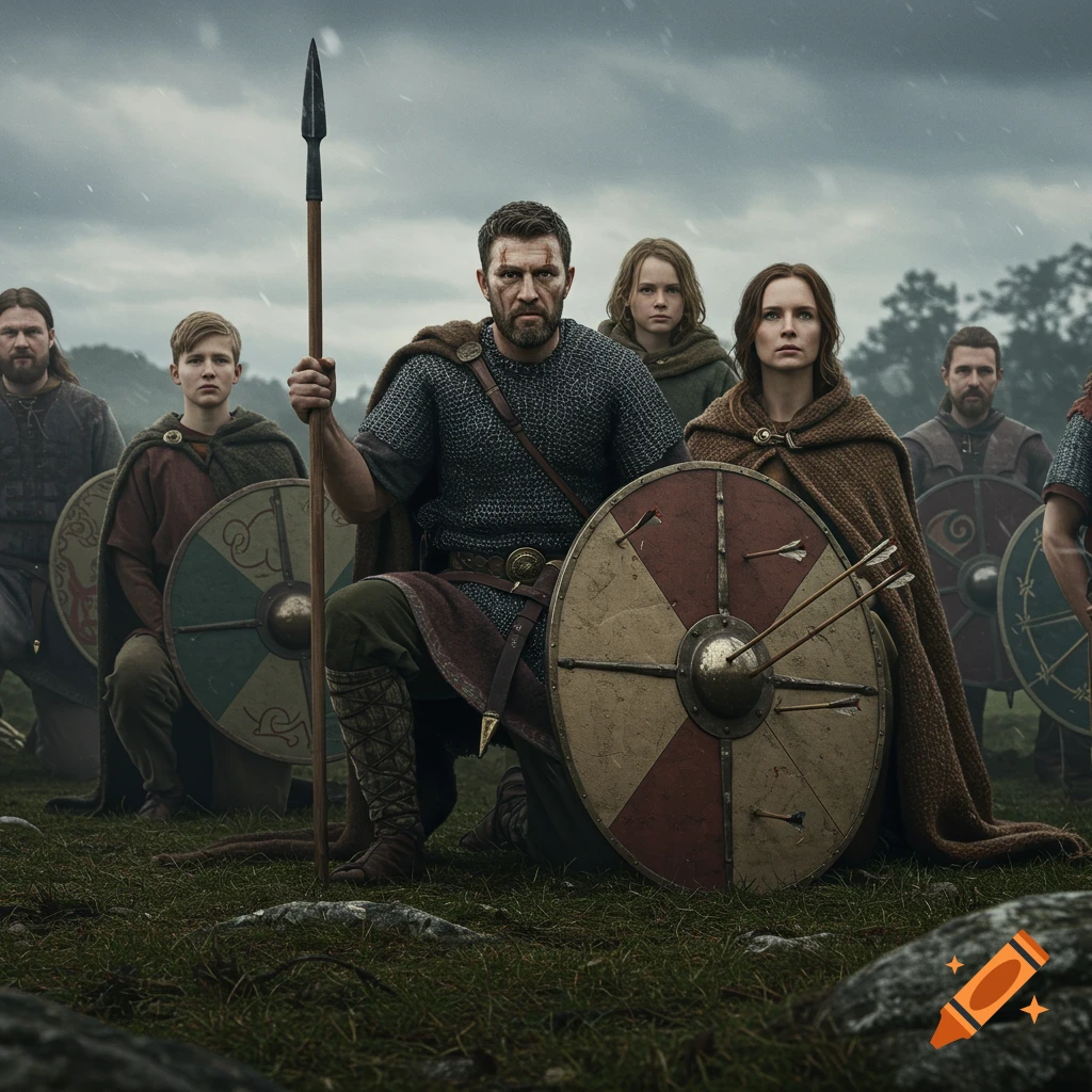 A family of ancient warriors, including a man with a spear, a woman, and children, kneel in a field with decorated shields.