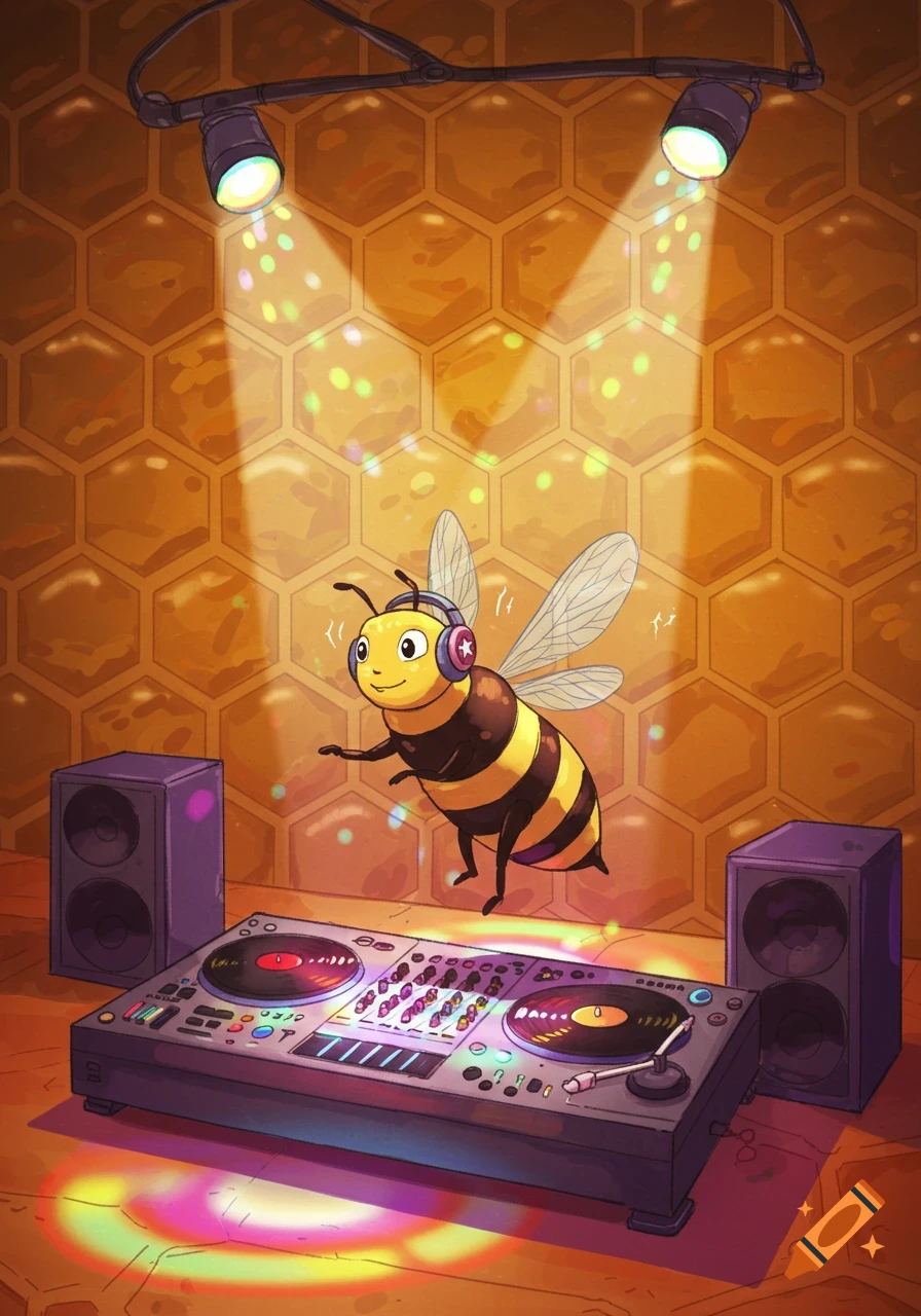 A happy cartoon bee wearing headphones hovers over a DJ turntable inside a beehive disco with spotlights and speakers.