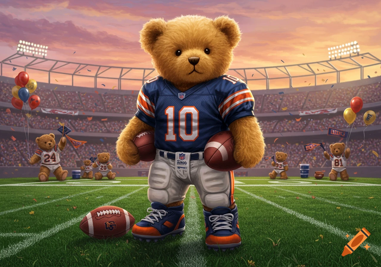 A fluffy teddy bear dressed in a blue and orange football uniform with number 10, holding two footballs on a stadium field with other teddy bears and balloons in the background, under an orange sunset sky.