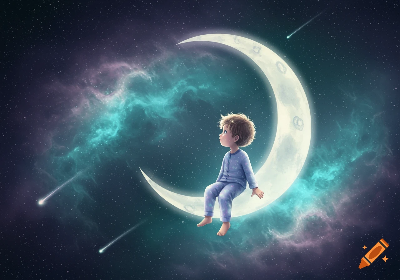 A whimsical illustration of a young boy in blue pajamas sitting on a crescent moon in a starry space with colorful nebulae.