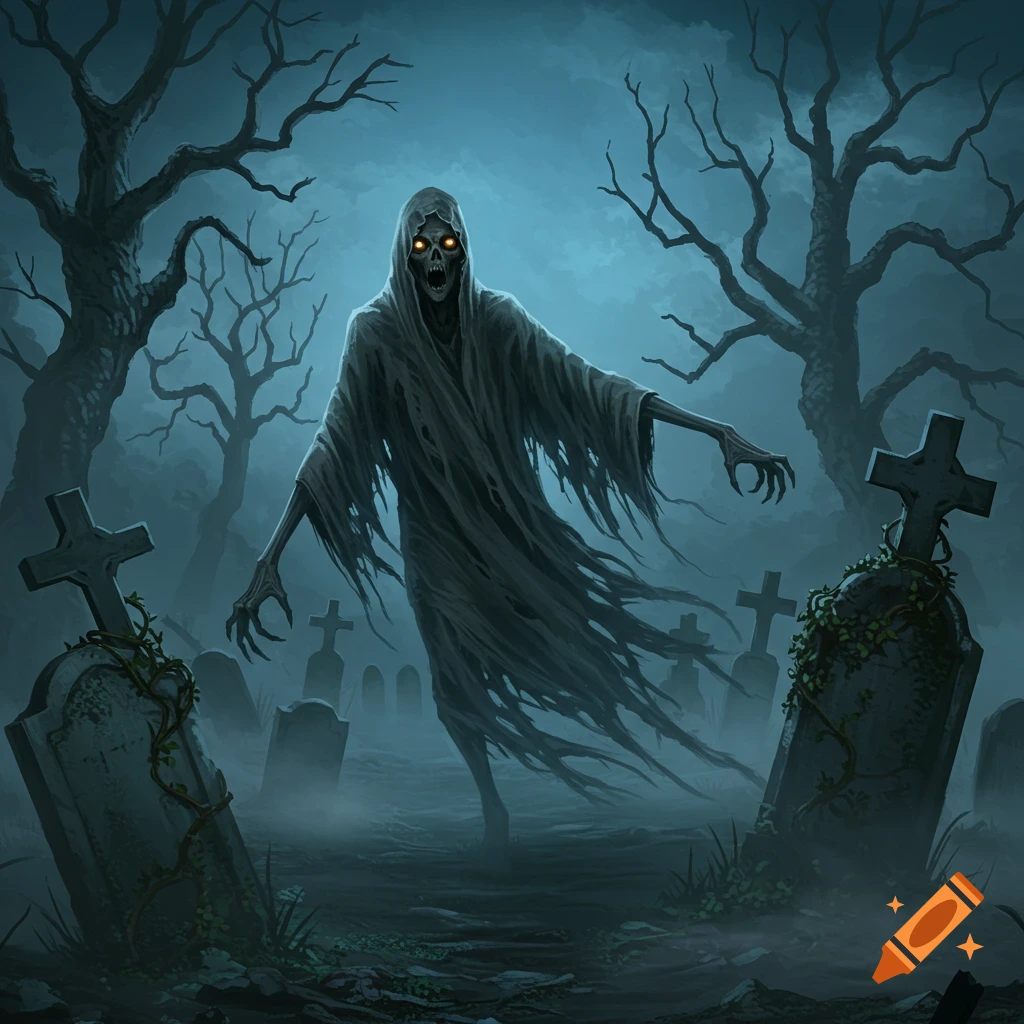 A skeletal ghoul with glowing eyes in tattered robes stands in a misty, dark graveyard with bare trees and tombstones, in a horror art style.