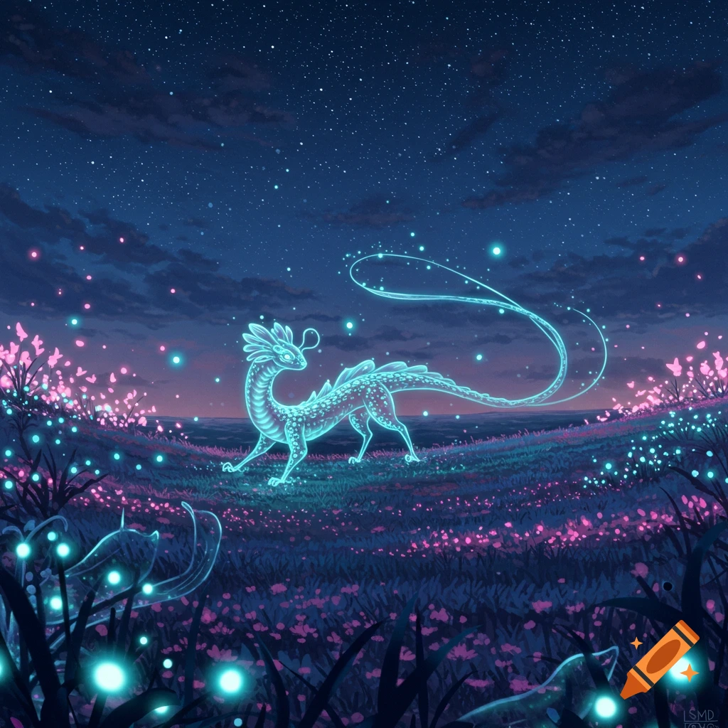 A glowing blue-green dragon-like creature stands in a field of luminous pink and blue flowers under a starry night sky.