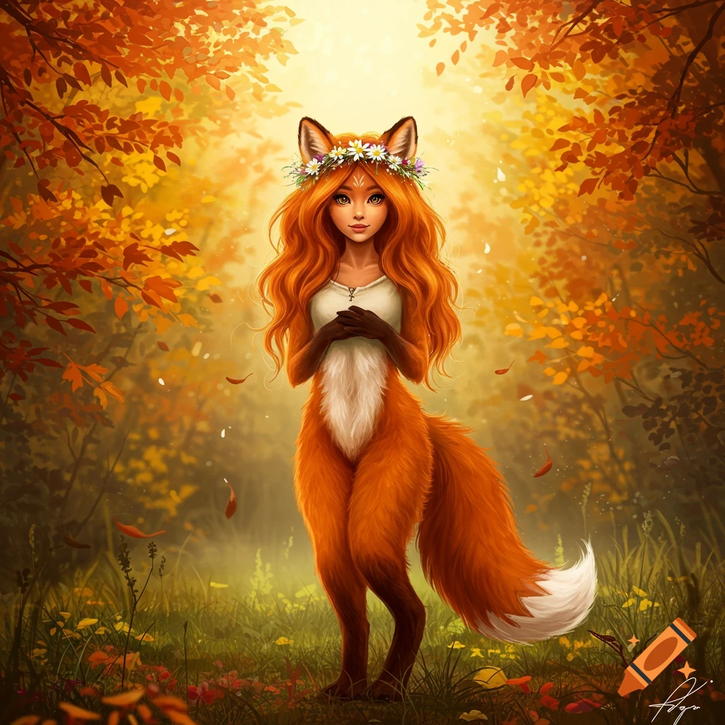 A fantasy illustration of a red fox girl with a flower crown standing in a glowing autumn forest.