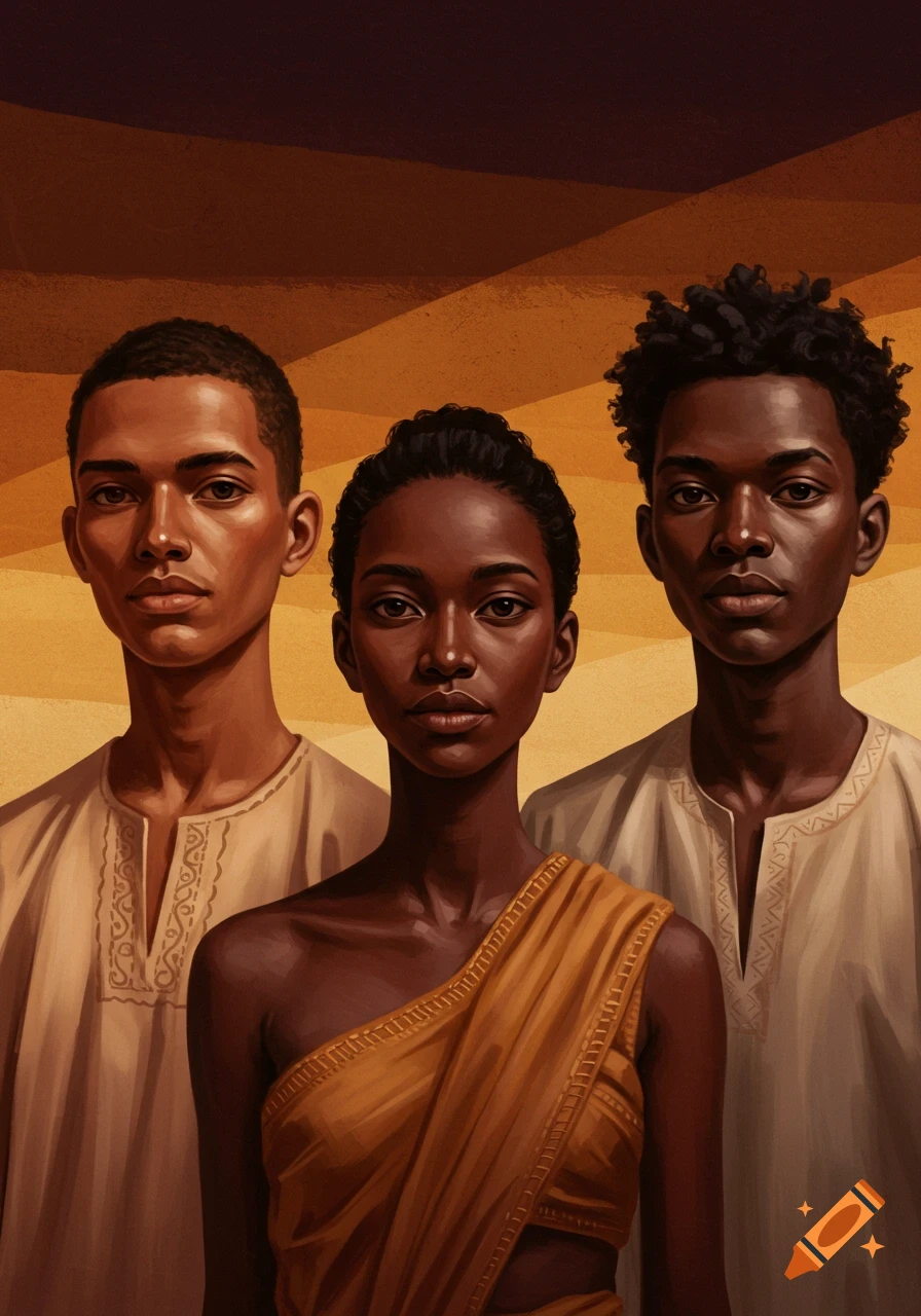 Illustrated portrait of a woman in an orange drape flanked by two men in tunics, all with dark skin tones against an earthy background.