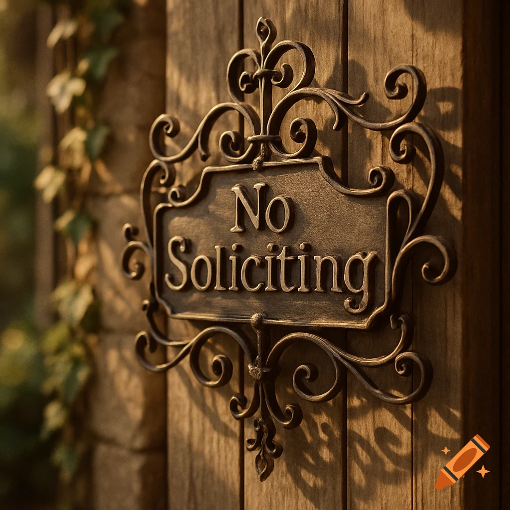 An ornate metal "No Soliciting" sign affixed to a weathered wooden door, with green ivy climbing nearby.