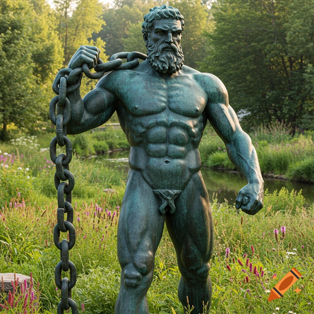 Photorealistic bronze statue of a muscular bearded man with a chain over his shoulder, standing in a lush green field by a stream.