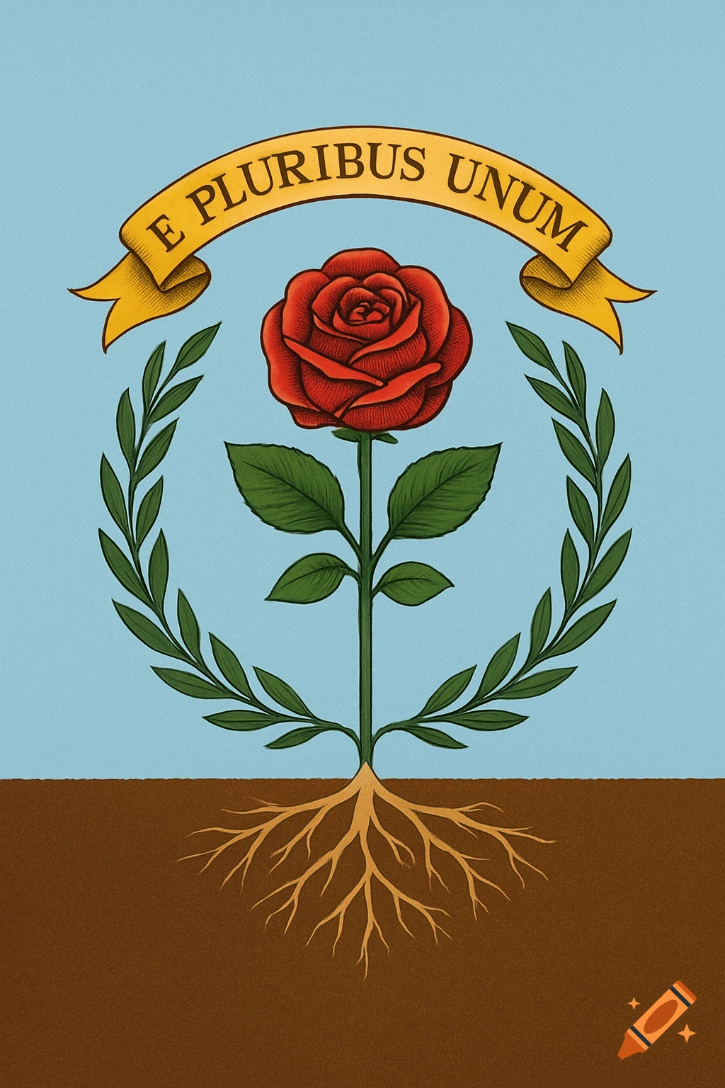 A sleek, seal-like flag design with a red rose and roots, framed by olive branches, under a golden banner reading "E PLURIBUS UNUM" on a light blue and brown background.