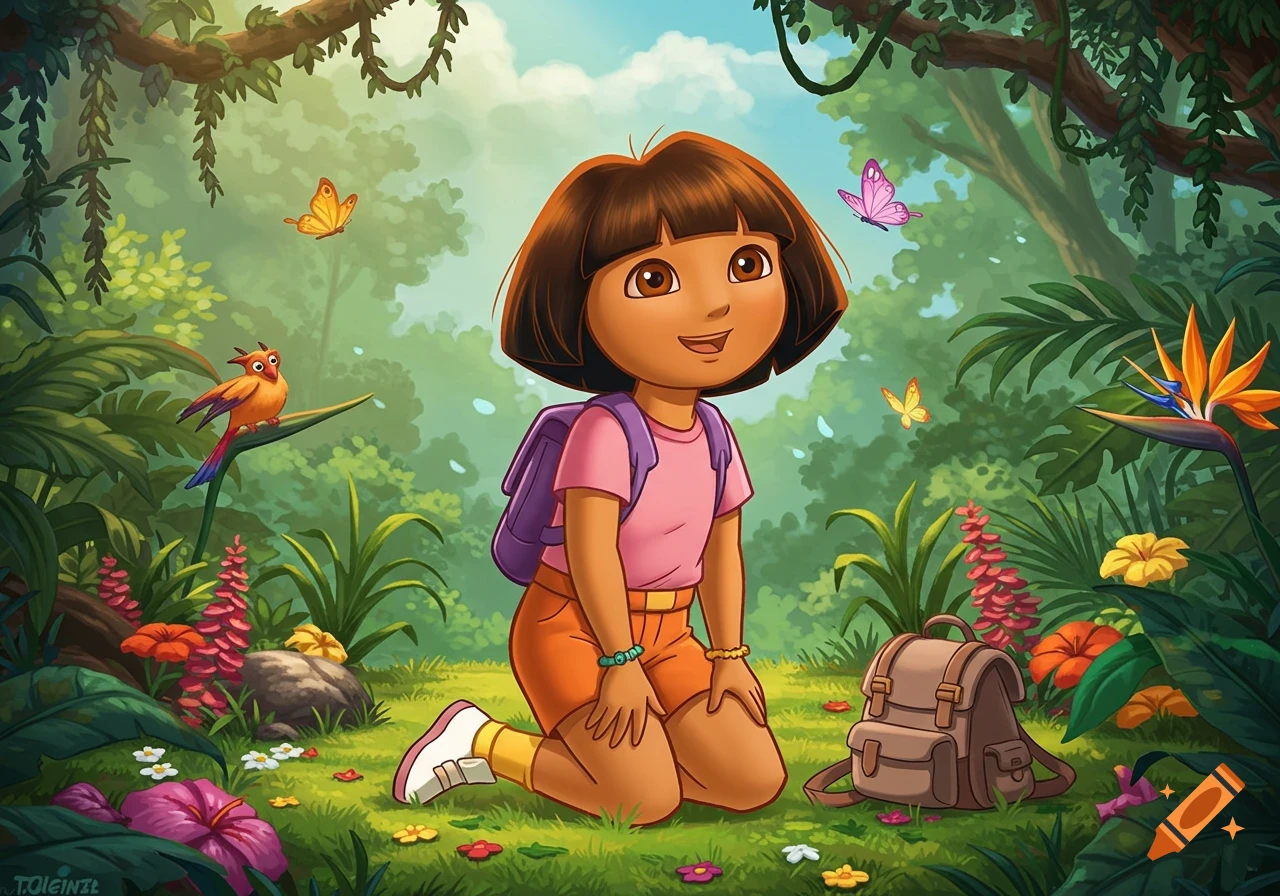 Cartoon Dora Márquez kneeling in a lush, vibrant jungle with butterflies, a bird, and flowers, her purple backpack beside her.