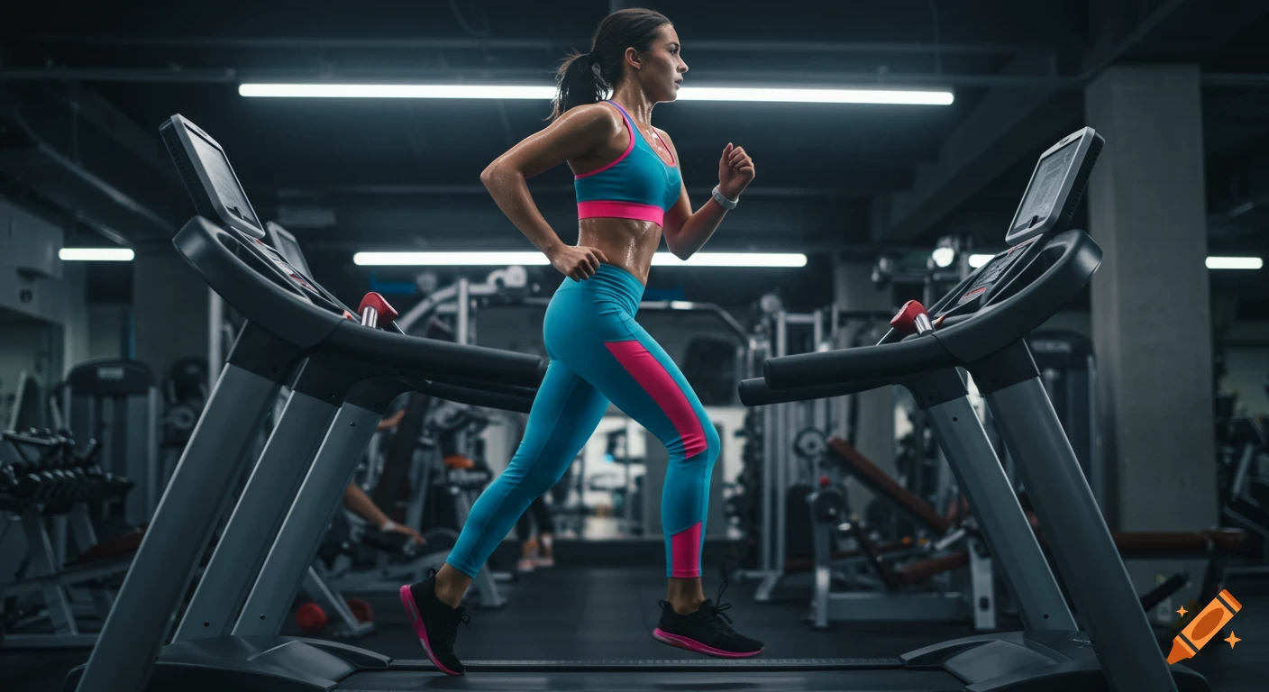 A realistic woman is running and sweating on a treadmill in a gym, wearing a blue and pink sports outfit.