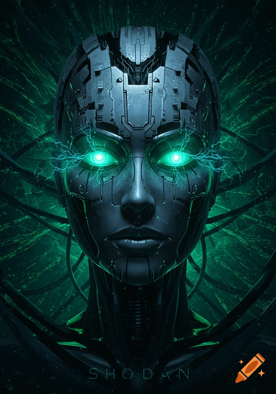 Close-up of a menacing, dark gray cyborg head with glowing green eyes emitting lightning, against a dark green tech background in a digital art style.
