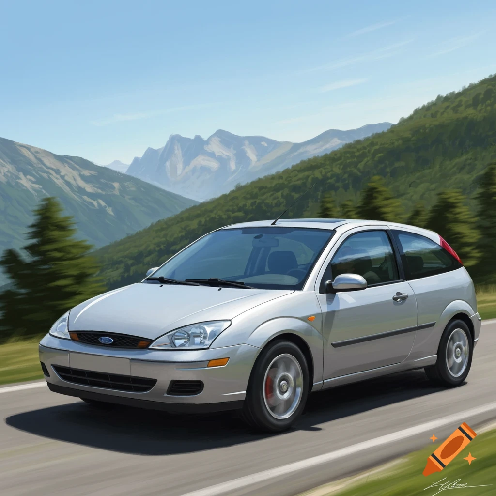 A silver Ford Focus hatchback drives on a winding mountain road with green forests and distant peaks under a blue sky, photorealistic style.