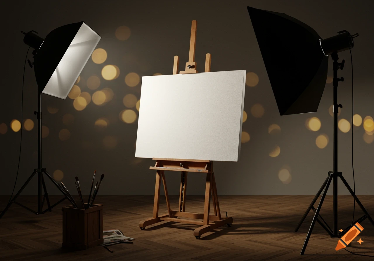 Photorealistic studio scene with a blank canvas on an easel, two studio lights, paintbrushes, and a blurred bokeh background.