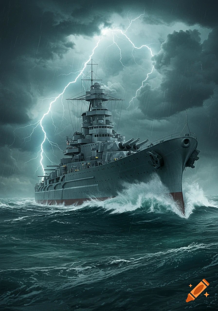 A photorealistic battleship navigates through a dark, stormy sea with lightning in the sky.