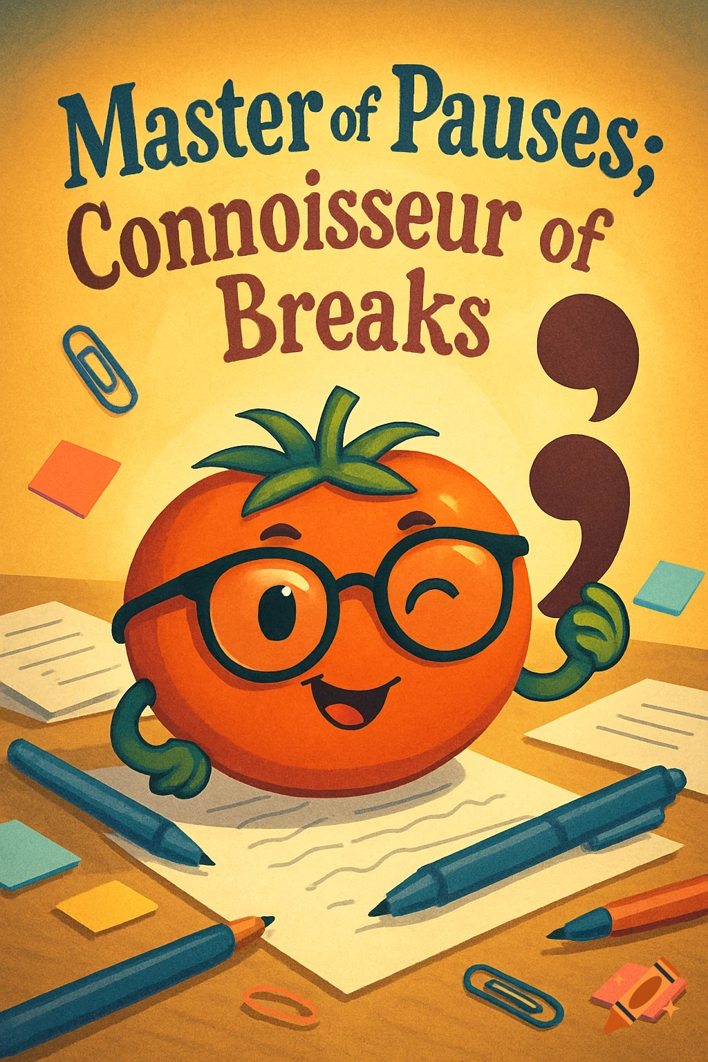 Winking cartoon tomato with glasses holds a semicolon at a desk with pens. Text 'Master of Pauses; Connoisseur of Breaks'.
